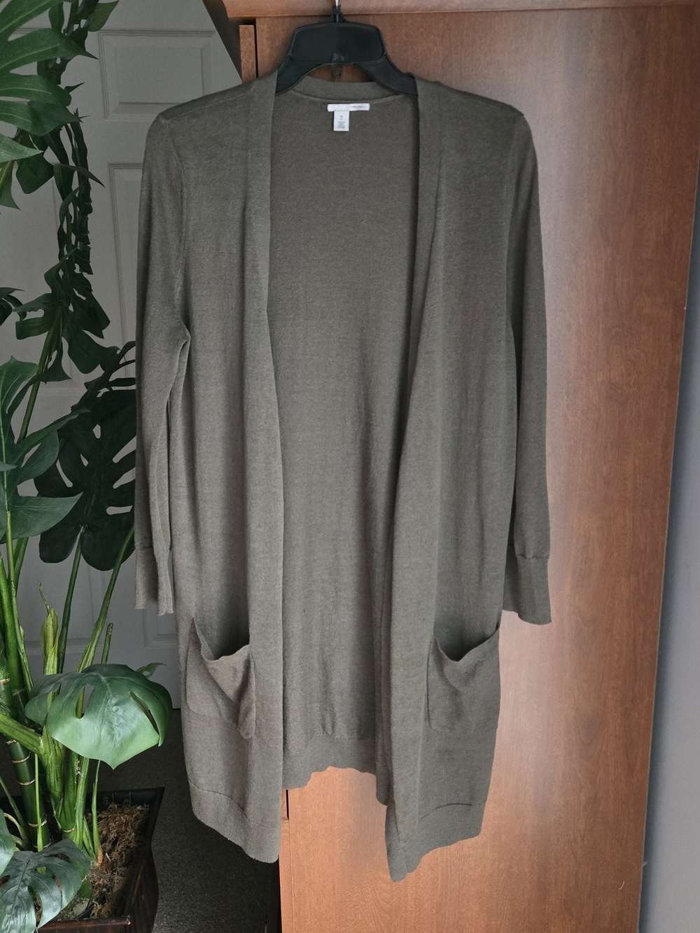 Halogen Olive Open-Front Long Cardigan with Pockets